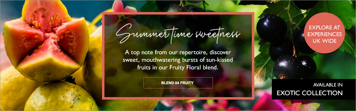 Summertime sweetness. A top note from our repertoire, discover sweet, mouthwatering bursts of sun-kissed fruits in our Fruity Floral blend.